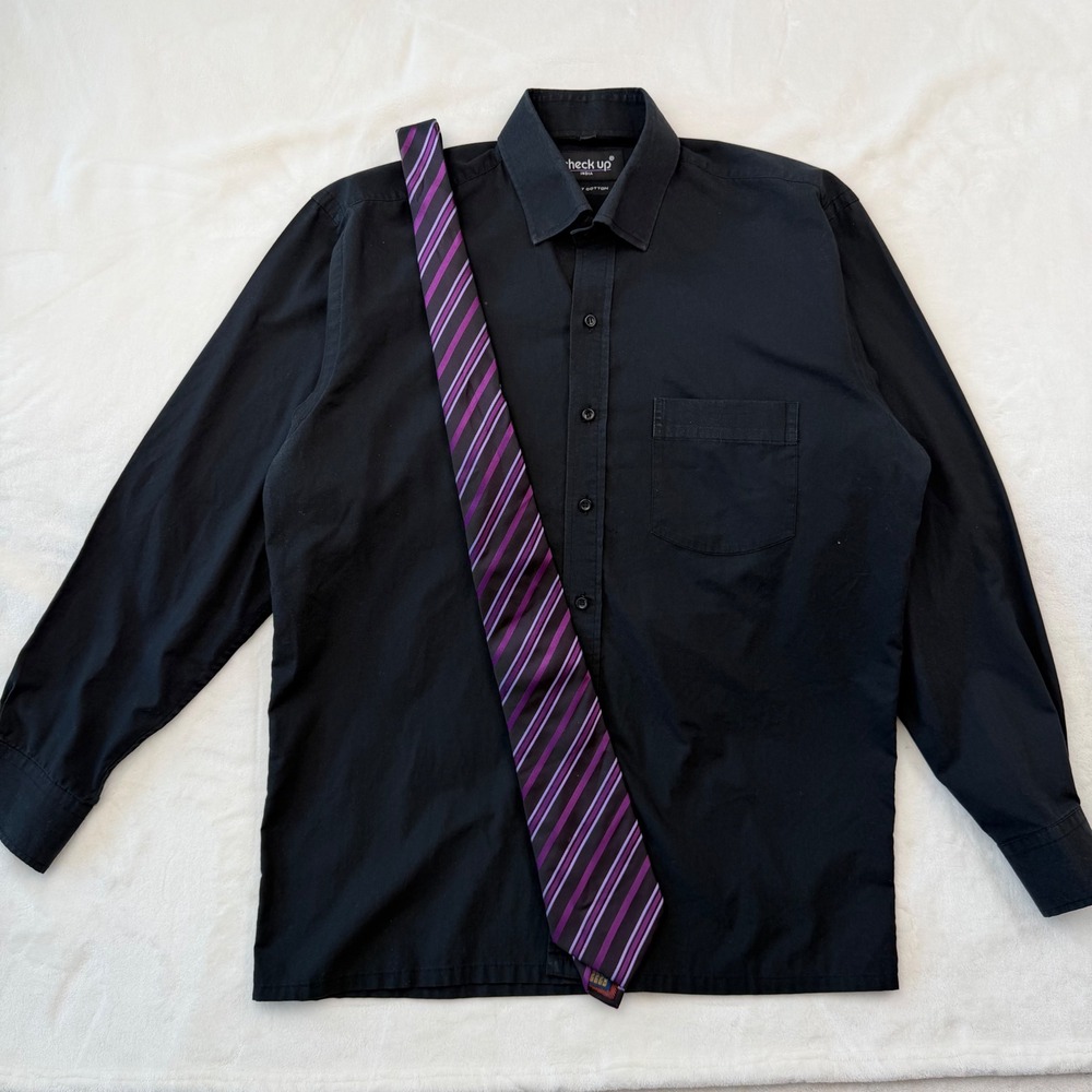 Check Up Black Button Down Shirt Purple Striped Tie Luxury Cotton Goth Size 39 - Picture 3 of 5